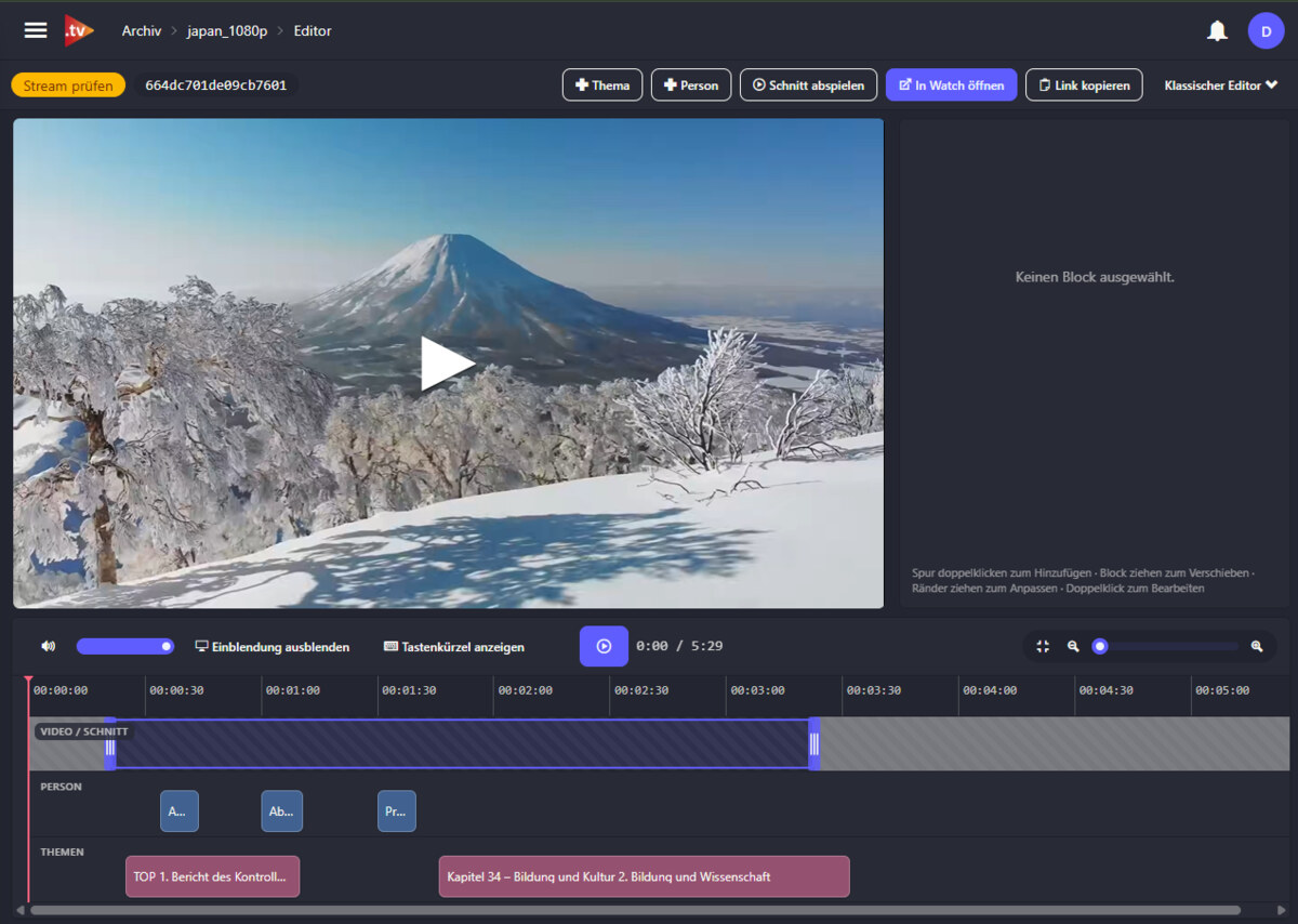 Video-Editor mit Vorschau, Zeitleiste und getrennten Spuren für Video, Personen und Themen