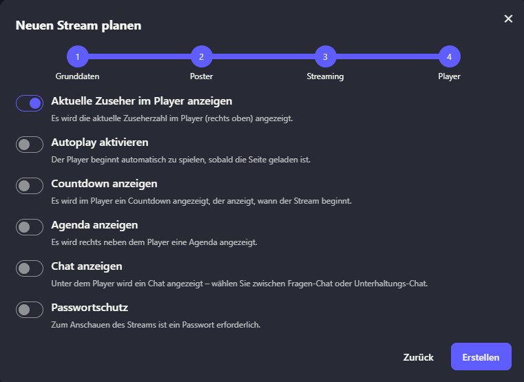 Dialog zum Planen eines neuen Streams mit vier Schritten und Optionen für Zuseherzahl, Autoplay, Countdown, Agenda, Chat und Passwortschutz