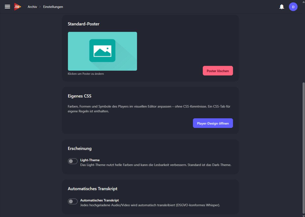Einstellungsseite mit Umschalter für das Light-Theme und Optionen für eigenes Player-CSS