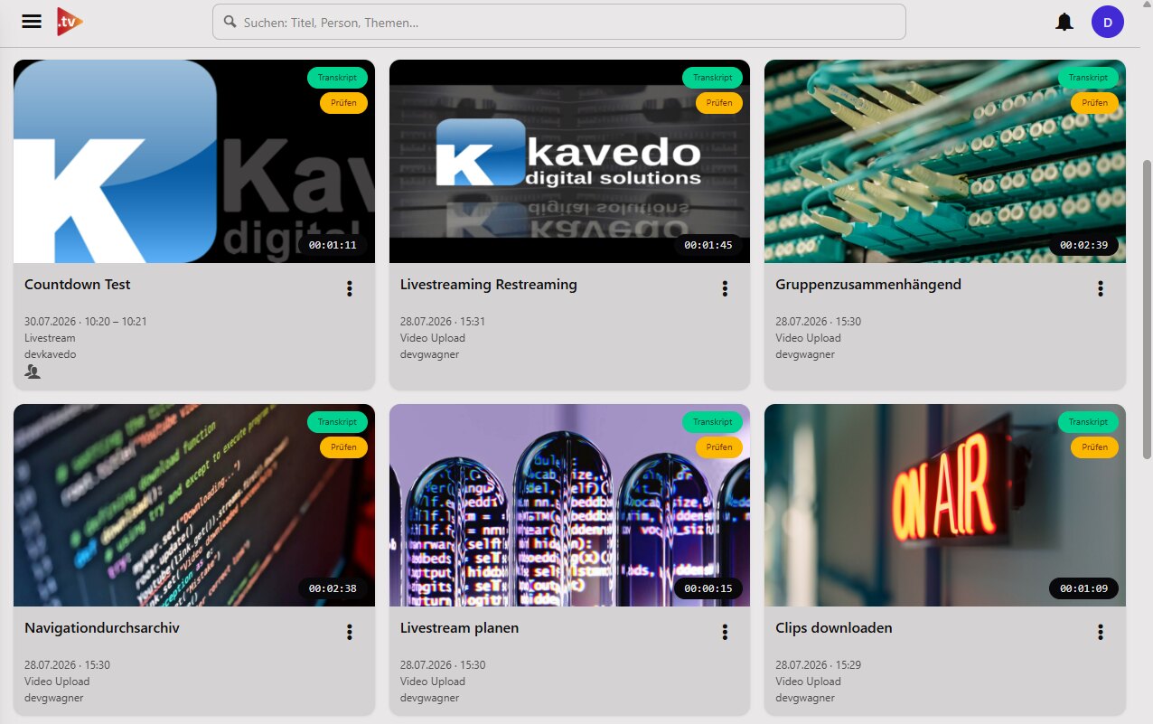 Mediathek-Ansicht von YourVideoArchiv mit Video-Kacheln, Suche und Transkript-Kennzeichnung